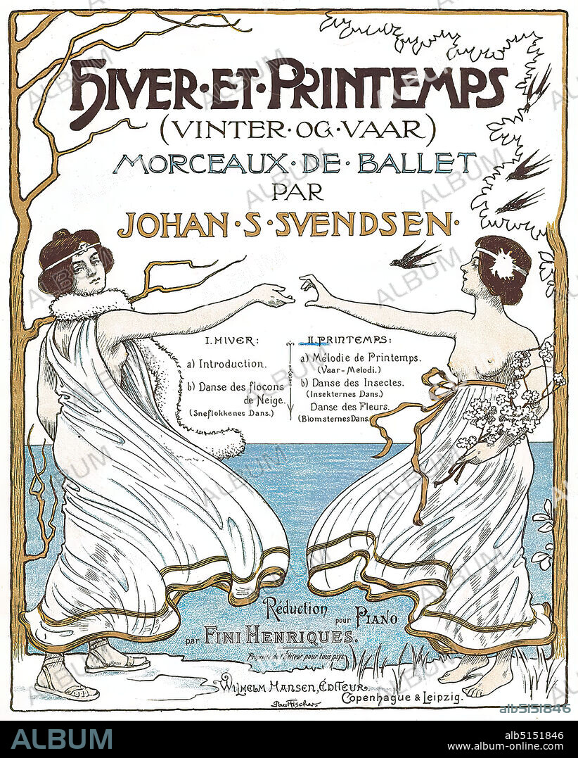 Paul Fischer, Wilhelm Hansen Musikforlag, Hiver et Printemps (Vinter og Vaar) Morceaux de Ballet par Johan S Svendsen, Lithography, Total: Height: 34 cm; Width: 27 cm, printmaking,printing, Music books, Layout and typography, Autumn, Winter, Ballet, Woman, Trees, Bushes, Birds, Art nouveau.