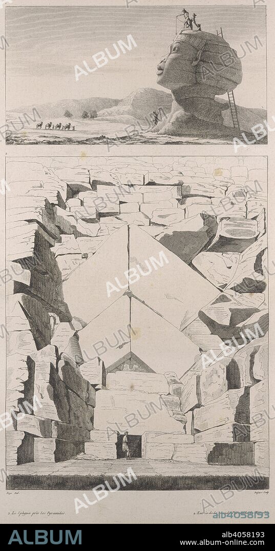 DENON, DOMINIQUE VIVANT, BARON. The top image shows Napoleon's scientists measuring the great Sphinx of Giza. The bottom illustration shows the entrance to the Pyramid of Khafre at Giza. . Voyage dans la Basse et la Haute EÌgypte pendant les campagnes du geÌneÌral Bonaparte. Paris, 1802. Source: 458.h.11-12, plate 20. Language: French.
