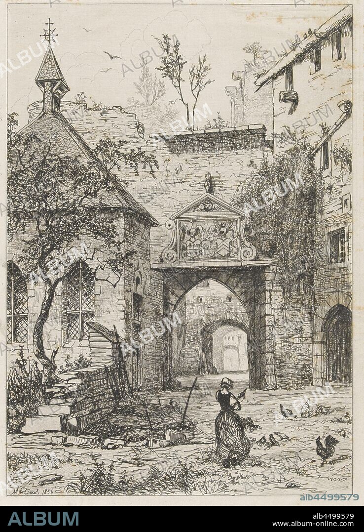 Entrance to the castle of Hollenfeltz, In front of the entrance to the castle of Hollenfeltz, decorated with family coats of arms, stands a young woman with a spinning top among the free-range chickens. On the left the chapel, fowl (cock, hen, chicken, etc.), gelding of a dwelling, house, castle, etc, adult woman, parts of church exterior and annexes: chapel - QQ - small church, chapel, spindle, Martinus Antonius Kuytenbrouwer jr. (mentioned on object), Brussels, 1854, paper, drypoint, h 324 mm × w 234 mm.