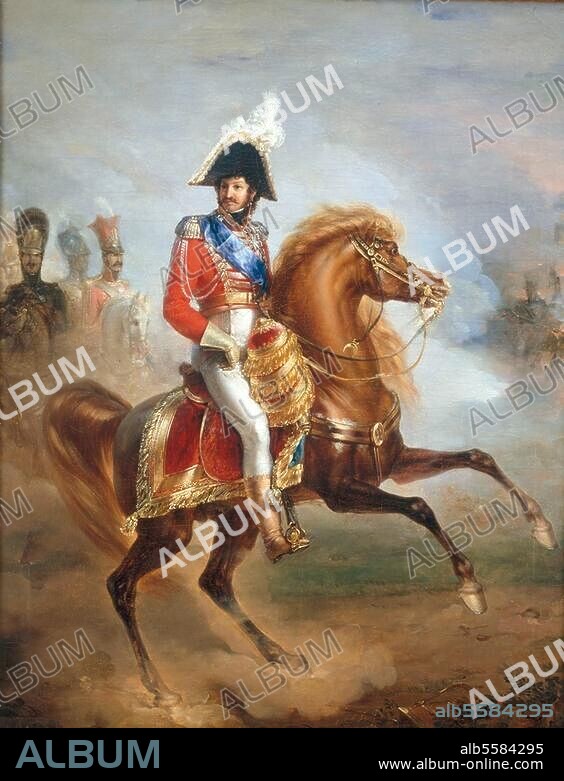 Murat, Joachim; franz. Marschall, Großherzog von Kleve und Berg (1806-08) u. König von Neapel (1808-15); Labastide-Fortunière 25.3.1767 - (hingerichtet). Pizzo 13.10.1815. Reiterbildnis als König von Neapel. Gemälde, von Jean Pierre Franque (1774-1860), 93 × 75 cm. Inv. Nr. MM. 66.2.2. Rueil-Malmaison, Musée du Château.