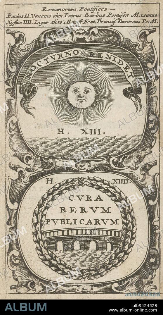 Sun above the sea / Bridge in laurel wreath, Nocturno Renidet / Cura Rerum Publicarum (title on object), Symbola Divina et Humana Pontificum Imperatorum Regum (series title), An emblem with two representations. Above a sun over the sea. Below a laurel wreath and a bridge. These are mottoes of Pope Paul II and Sixtus IV., print maker: anonymous, after print by: Aegidius Sadeler (II), 1666, paper, engraving, letterpress printing, height 120 mm × width 66 mm.