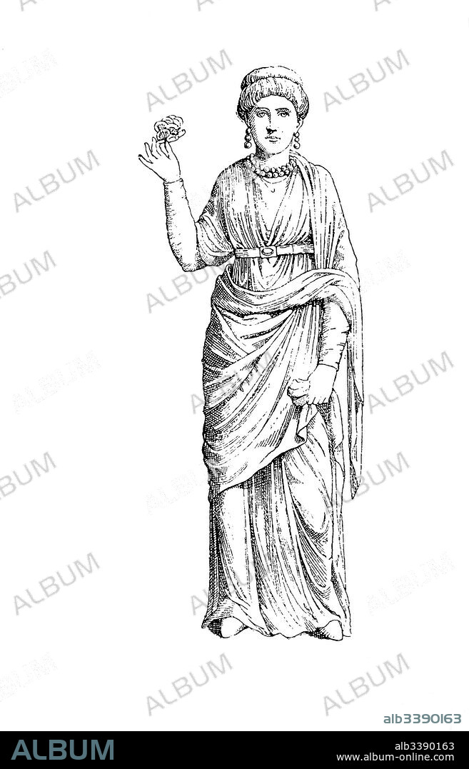 Aelia Galla Placidia (388 - 450), daughter of the Roman emperor Theodosius I, wearing ancient roman costume, History of fashion, costume story.