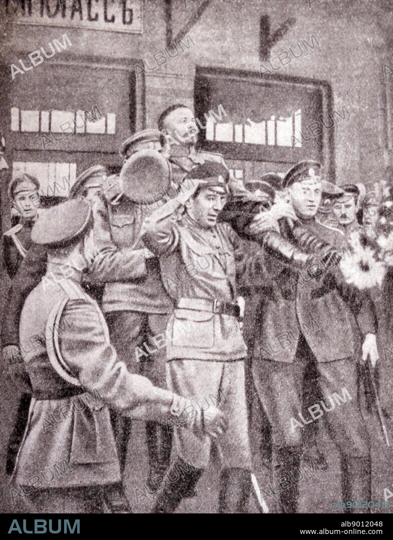 Illustration of Lavr Kornilov (1870-1918), Russian general and one of the leaders of the White Movement arriving in Moscow as commander of the Provisional Government military forces 1917.
