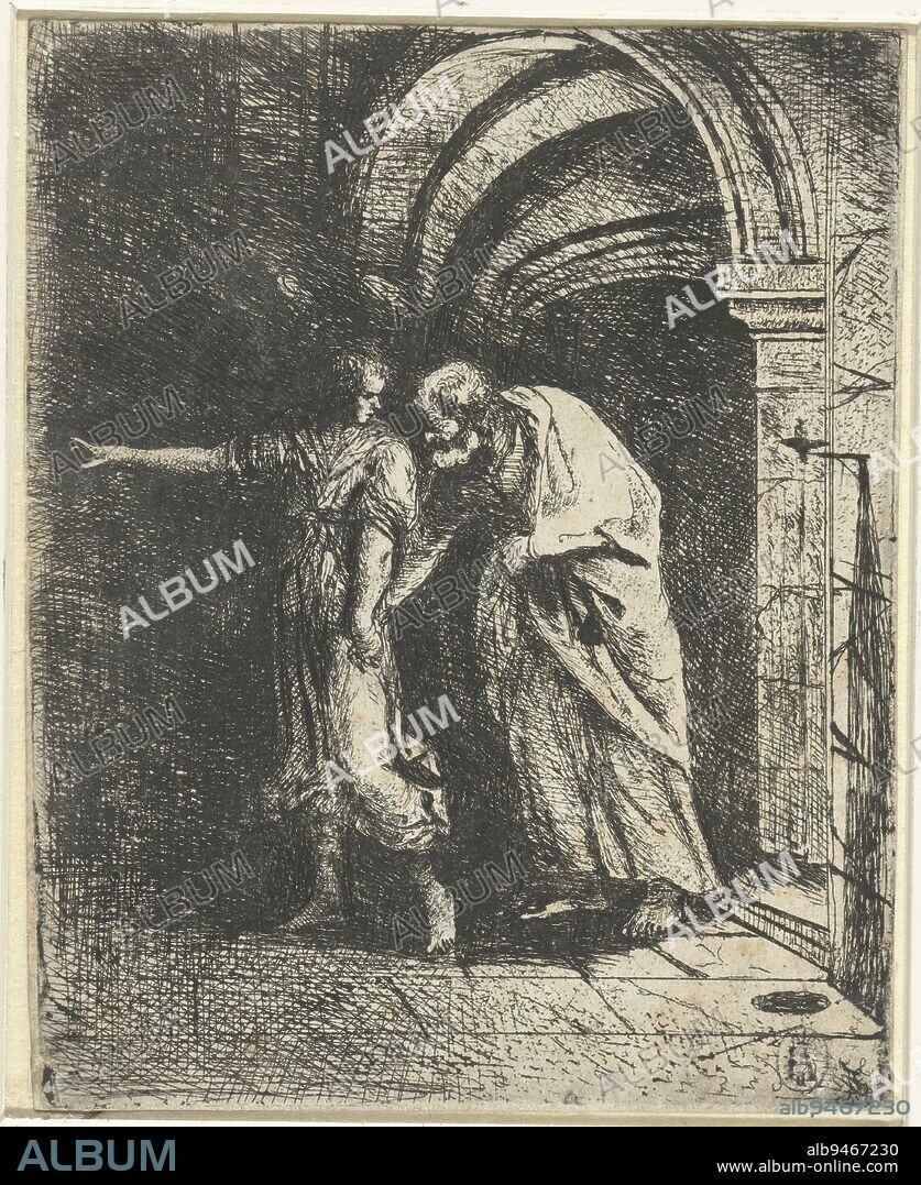 Deliverance of Peter, Anthony de Vos (attributed to), 1675 - 1729, An angel leads Peter out of prison., print maker: Anthony de Vos, (attributed to), print maker: Rembrandt van Rijn, (manner of), Netherlands, 1675 - 1729, paper, etching, h 122 mm × w 95 mm.
