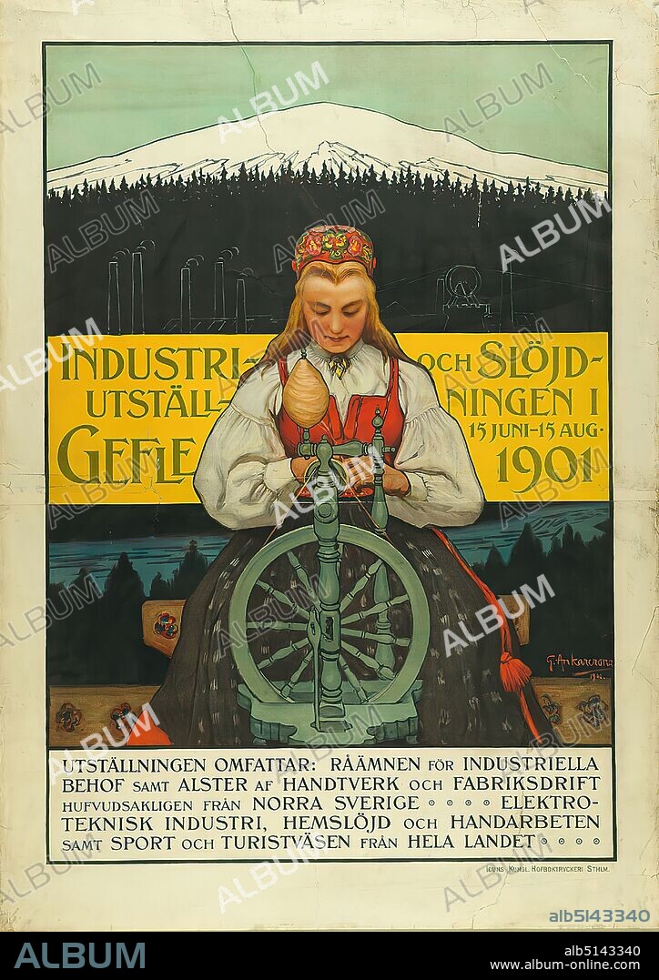 Induns Kungl. Hofboktryckeri, Gustaf Ankarcrona, Industri- och slöjdutställningen i Gefle 1901, paper, lithography, total: height: 148 cm; width: 105,5 cm, signed and dated: in print and right: G. Ankarcrona 1900th, exhibition posters, event posters, trade fairs/exhibitions, young woman, girl, needlework.