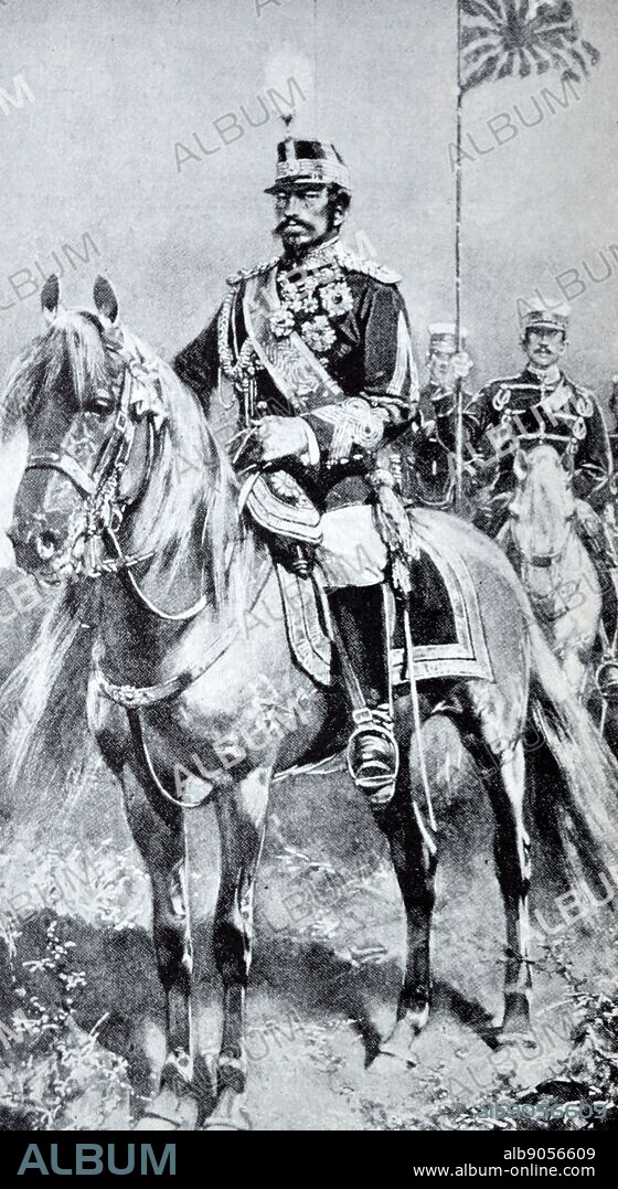 Emperor Meiji (1852 1912), or Meiji the Great, Emperor of Japan 1867 until his death. He presided over a time of rapid change in the Empire of Japan, as the nation quickly changed from a feudal state to a capitalist and imperial world power, characterized by Japan's industrial revolution. seen here at the head of the Japanese cavalry in China 1895.