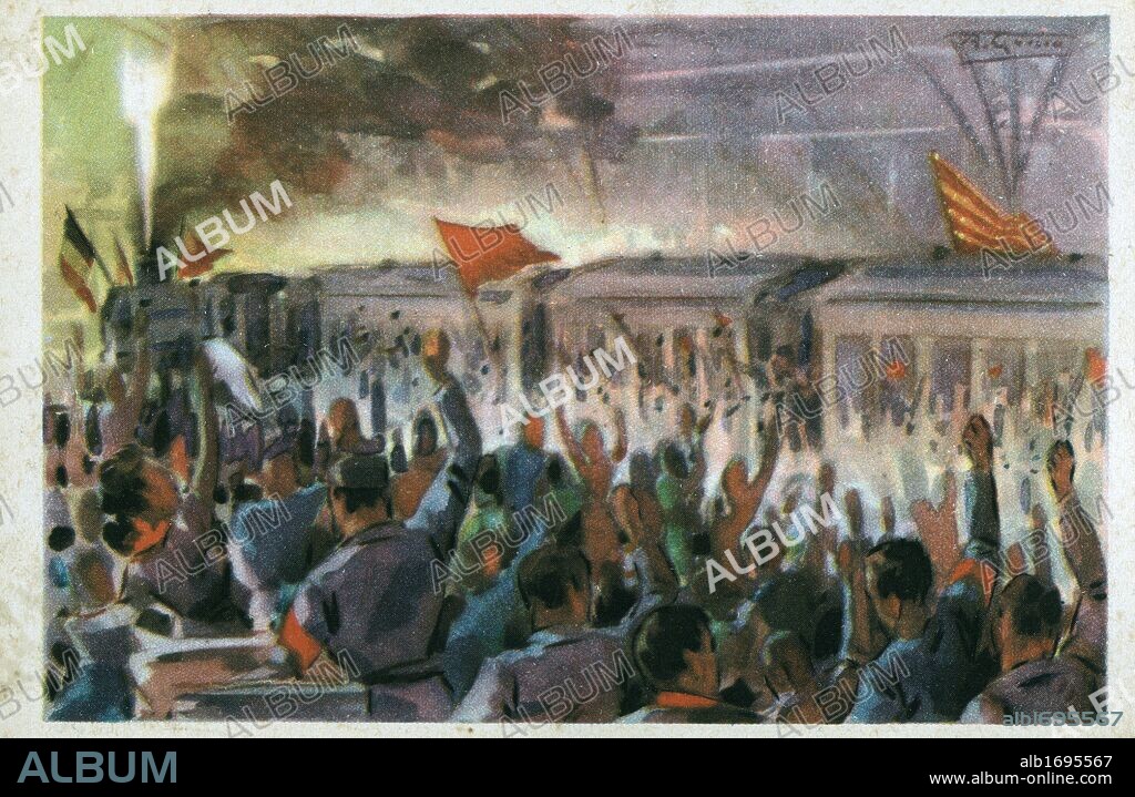 Dibujo de la despedida del primer tren de milicianos hacia Aragón. Tarjeta postal editada por Cruz Roja. Año 1936.