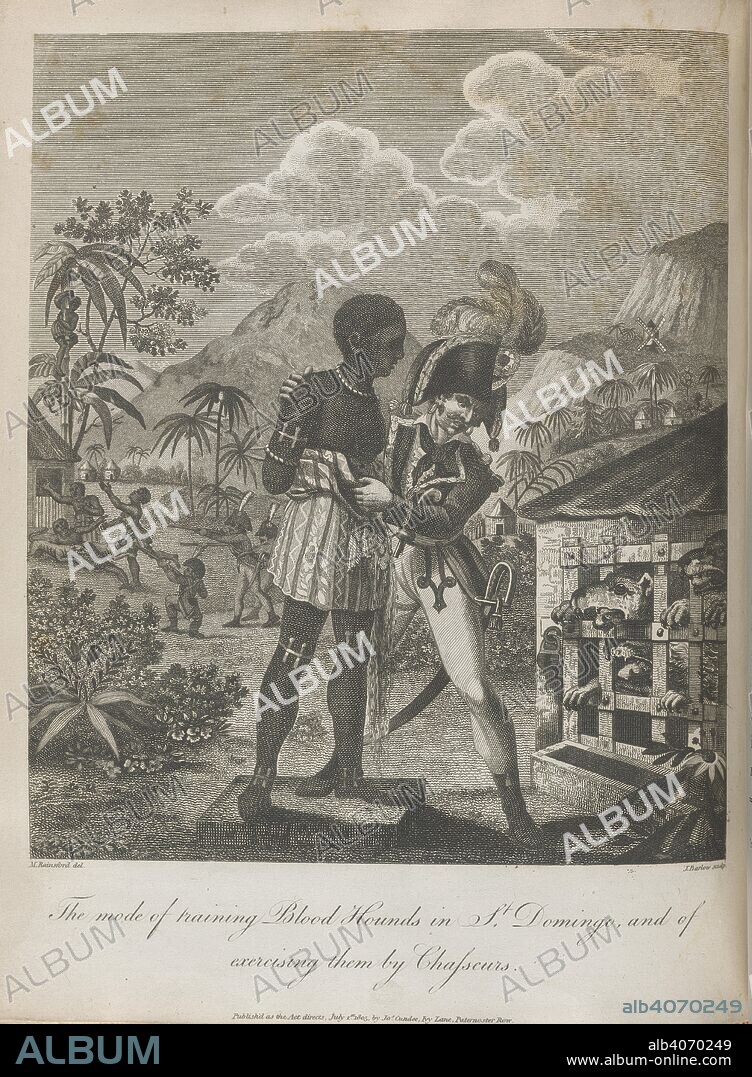 MARCUS RAINSFORD, CAPTAIN MARCUS RAINSFORD and J BARLOW. Training blood hounds. An historical account of the Black Empire of Hayti. London, 1805. The mode of training blood hounds in St. Domingo, and of exercising them by Chafseurs (Chaussers).  Image taken from An historical account of the Black Empire of Hayti; comprehending a view of the principal transactions in the revolution of Saint Domingo, etc.  Originally published/produced in London, 1805. . Source: 797.dd.10, opposite 423. Language: English.