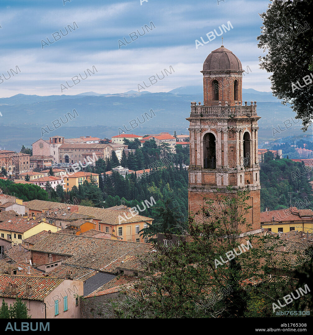 Bell Tower of Santa Maria Nuova, by sketch Galeazzo Alessi, 1644, 17th Century,. Italy, Umbria, Perugia, Perugia, Santa Maria Nuova Church. Panoramic view city town houses buildings bell tower of Church of Santa Maria Nuova.