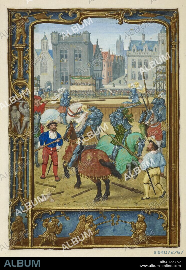 WORKSHOP OF SIMON BENING. Calendar scene for June: Jousting. (Below) Hobby horses and toy windmills. The Golf Book. S. Netherlands (Bruges), 1520-1530. Source: Add. 24098, f.23v. Language: Latin.