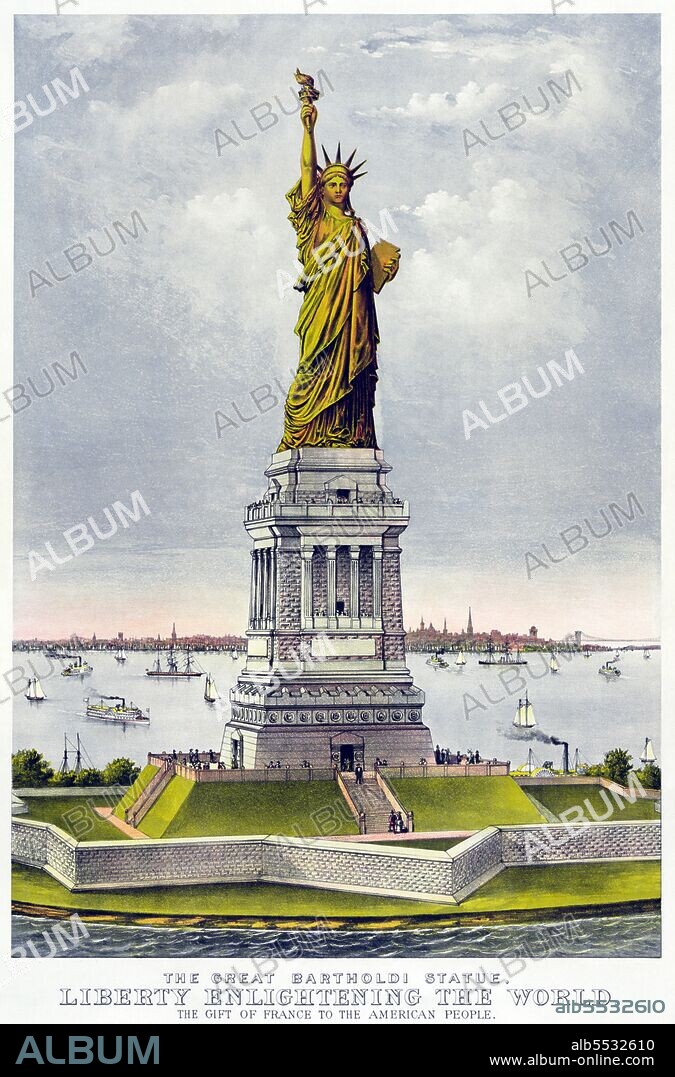 The Statue of Liberty (Liberty Enlightening the World; French: La Liberté éclairant le monde) is a colossal neoclassical sculpture on Liberty Island in New York Harbor in New York City, in the United States. The copper statue, designed by Frédéric Auguste Bartholdi, a French sculptor, and dedicated on October 28, 1886, was a gift to the United States from the people of France. The statue is of a robed female figure representing Libertas, the Roman goddess, who bears a torch and a tabula ansata (a tablet evoking the law) upon which is inscribed the date of the American Declaration of Independence, July 4, 1776. A broken chain lies at her feet. The statue is an icon of freedom and of the United States: a welcoming signal to immigrants arriving from abroad.