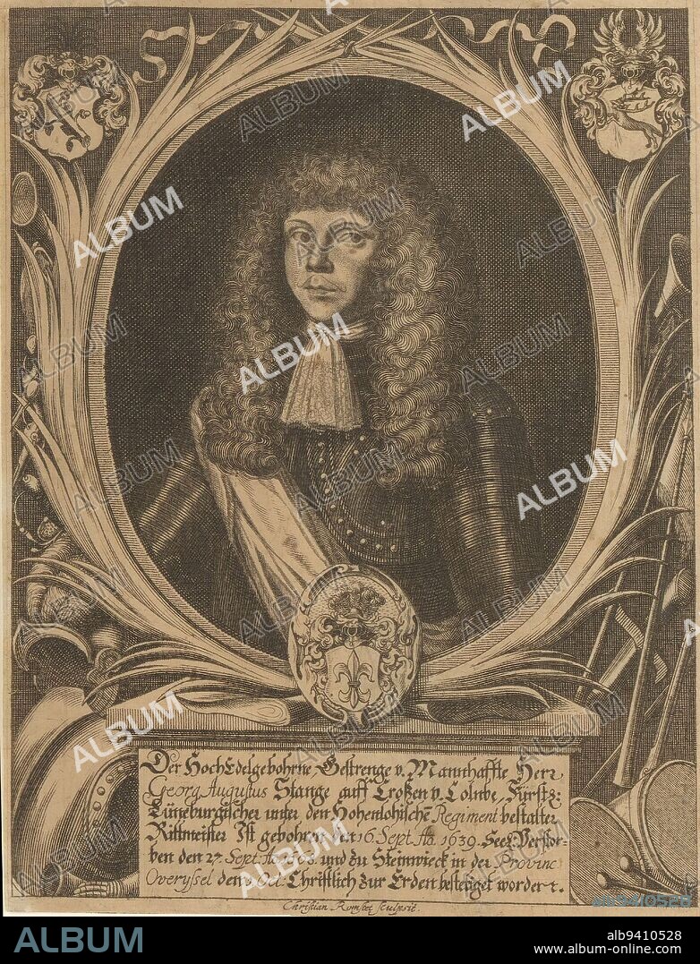 Portrait of Georg August von Stange, Christian Romstet, 1665 - 1721, print maker: Christian Romstet, (mentioned on object), 1665 - 1721, paper, engraving, h 192 mm - w 146 mm.