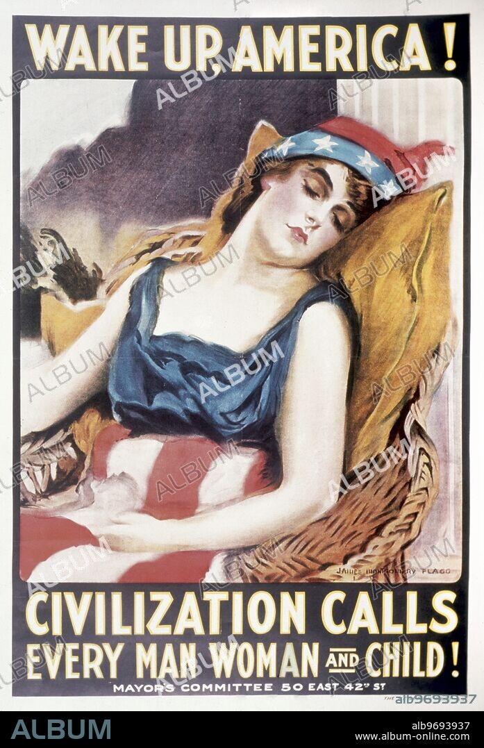 "Wake Up America! Civilisation calls every man, woman and child", American poster World War I by James Montgomery Flagg (1877-1960) - With the storm of war brewing behind her, a personification of America sleeps. She wears a Phrygian cap, a symbol of liberty since Roman times. This poster tells all of America to wake up and do their part for the war effort. ©TopFoto.
