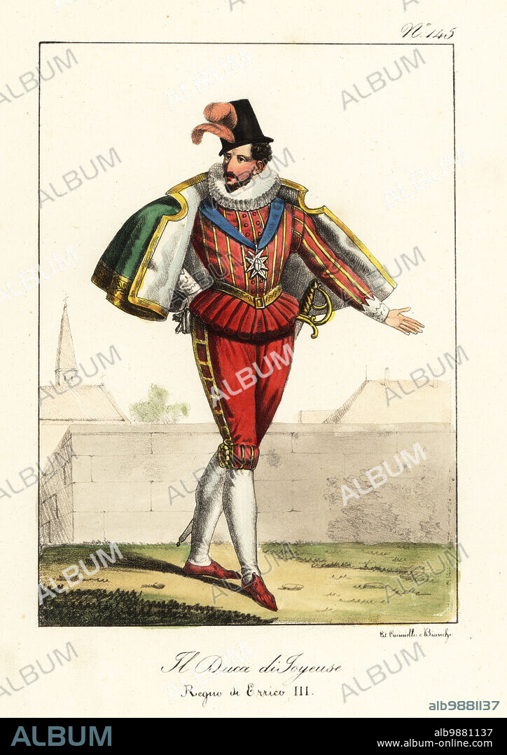 Henri, Duke of Joyeuse, 1563-1608. French army general in the French Wars of Religion, member of the Catholic League and later a Capuchin priest. Reign of King Henry III of France. Le Duc de Joyeuse, regne de Henri III. Handcoloured lithograph by Lorenzo Bianchi and Domenico Cuciniello after Hippolyte Lecomte from Costumi civili e militari della monarchia francese dal 1200 al 1820, Naples, 1825. Italian edition of Lecomtes Civilian and military costumes of the French monarchy from 1200 to 1820.