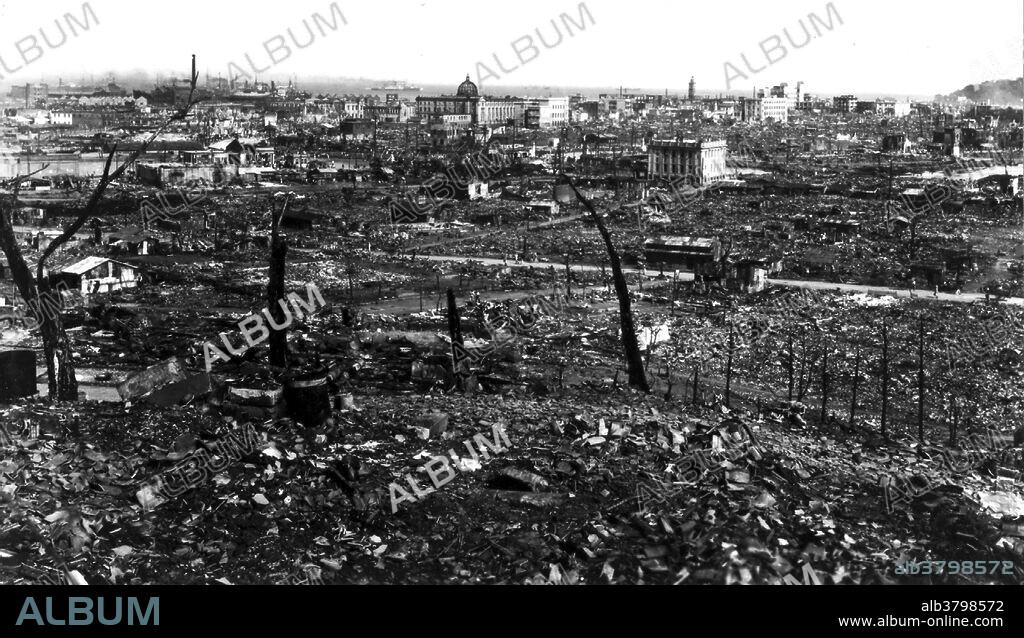 Kanto (Kwanto), Japan earthquake. September 1 (02:58 UTC), 1923. One of the world's most destructive earthquakes with a magnitude 7.9 and 142,800 deaths. Extreme destruction in the Tokyo - Yokohama area from the earthquake and subsequent firestorms, which burned about 381,000 of the more than 694,000 houses that were partially or completely destroyed. Although often known as the Great Tokyo Earthquake (or the Great Tokyo Fire), the damage was apparently most severe at Yokohama. Damage also occurred on the Boso and Izu Peninsulas and on O-shima. Nearly 2 m (6 ft) of permanent uplift was observed on the north shore of Sagami Bay and horizontal displacements of as much as 4.5 m (15 ft) were measured on the Boso Peninsula. A tsunami was generated in Sagami Bay with wave heights as high as 12 m (39 ft) on O-shima and 6 m (20 ft) on the Izu and Boso Peninsulas. Sandblows were noted at Hojo which intermittently shot fountains of water to a height of 3 m (10 ft). Photograph captioned: "A good idea of the tremendous devastation in Tokyo wrought by earthquake and fire. Enclosed find a few snaps taken on the top of the Imperial Hotel in Tokyo which is the only hotel in the earthquake district that survived." J.H. Messervey, letter dated March 5, 1924.