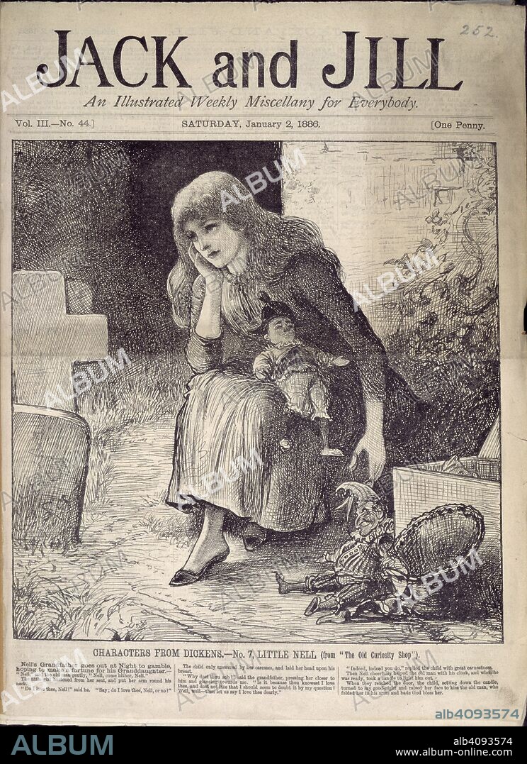 Characters from Dickens - No.7, Little Nell (from the old curiosity shop). Jack and Jill. An illustrated weekly miscellany for everybody. London; 02/01/1886. Source: Colindale, volume III- no.44. Language: English.