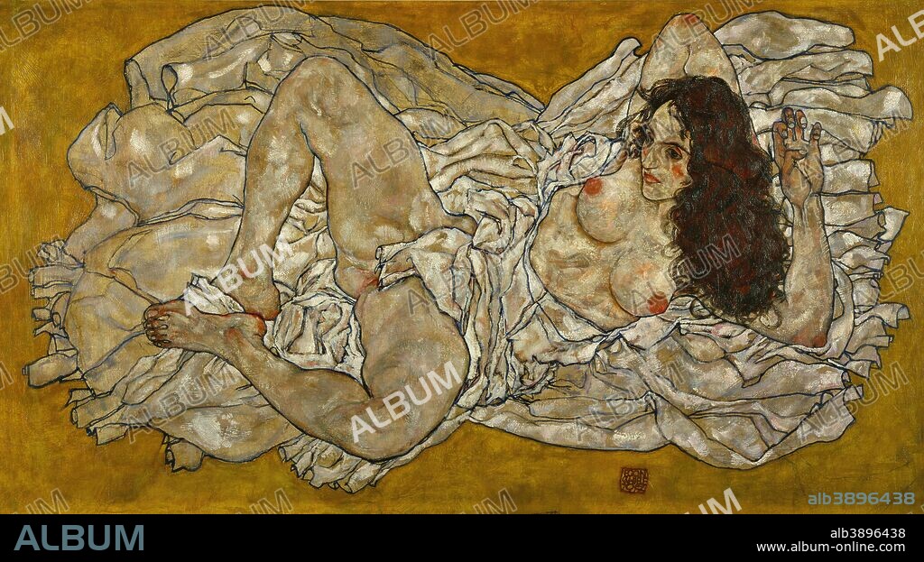 EGON SCHIELE. "Liegende Frau" Reclining Woman. Date/Period: 1917. Painting. Height: 960 mm (37.79 in); Width: 1,710 mm (67.32 in).