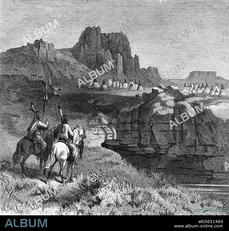 RUDOLF DANIEL LUDWIG CRONAU. Ethnology / America. "A Indian Camp in West-Dakota". Wood cut after a drawing, 1882, by Rudolf Cronau (born 1855).