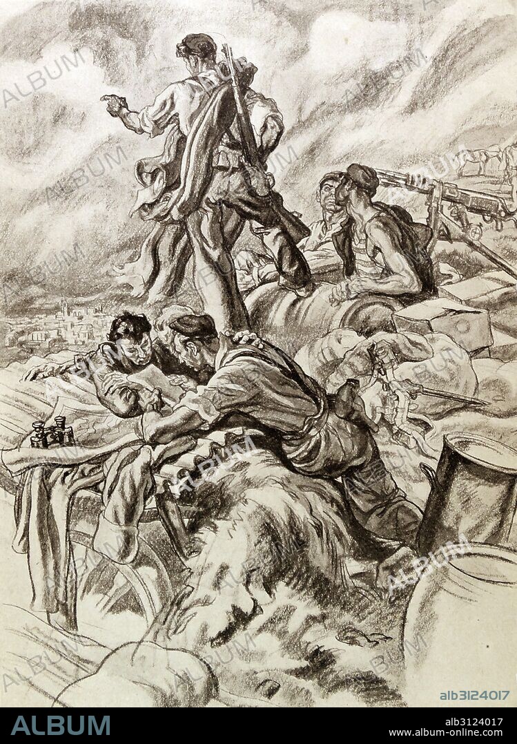 The Siege of Oviedo in 1936 in the Spanish Civil War. The army garrison rose in support of the coup d'état and stood a siege of three months until relieved in 1937. Illustration By Carlos Saenz de Tejada (1897 - 1958) Spanish painter and illustrator; identified with the Nationalist (Fascist) side in the Spanish Civil War.