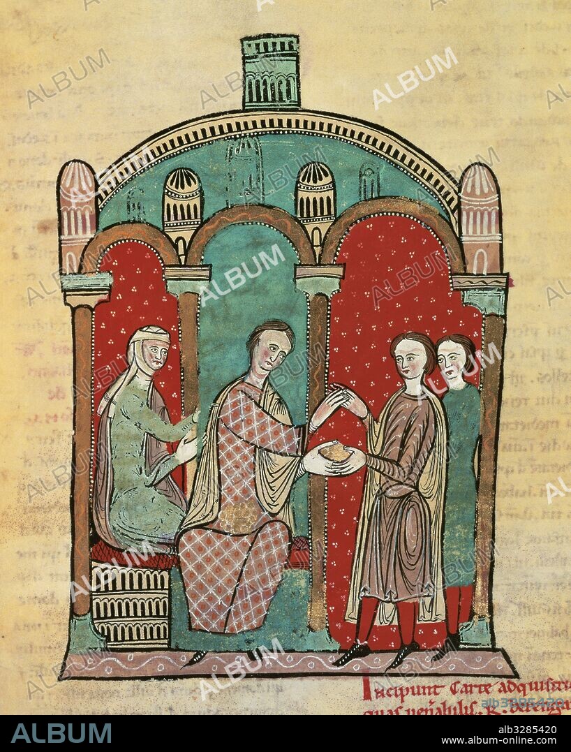 RAMON BERENGUER I "El Viejo" (h. 1023-1076). Conde de Barcelona y Girona (1035-1076) de Olèrdola (1049-1076) y de Ausona (1054-1076). RAMON BERENGUER I CON SU TERCERA ESPOSA ALMODIS DE LA MARCA Y CON RAMON CALDES, decano de la sede de Barcelona, compilador del cartulario Real conocido por Liber Feudorum Maior. Miniatura folio 83 bis v. LIBER FEUDORUM MAIOR. Siglo XII. Archivo de la Corona de Aragón. Barcelona. Cataluña.