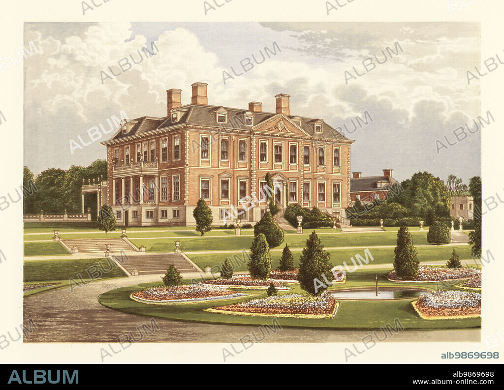 Melton Constable, Norfolk, England. 17th-century country house designed in the Christopher Wren-style with Elizabethan interior for Sir Jacob Astley. Park with aviary landscaped by Capability Brown in the 18th century. Colour woodblock by Benjamin Fawcett in the Baxter process of an illustration by Alexander Francis Lydon from Reverend Francis Orpen Morriss Picturesque Views of the Seats of Noblemen and Gentlemen of Great Britain and Ireland, William Mackenzie, London, 1880.