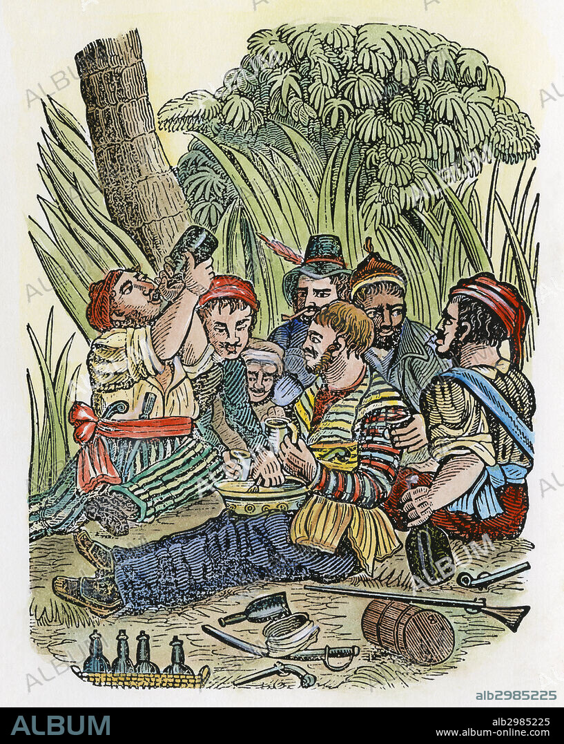 PIRATE CREW.The crew of Captain Bartholomew Roberts, known as 'Black Bart,' celebrating a successful raid on the Guinea Coast of Africa in the early 18th century. Woodcut, early 19th century.