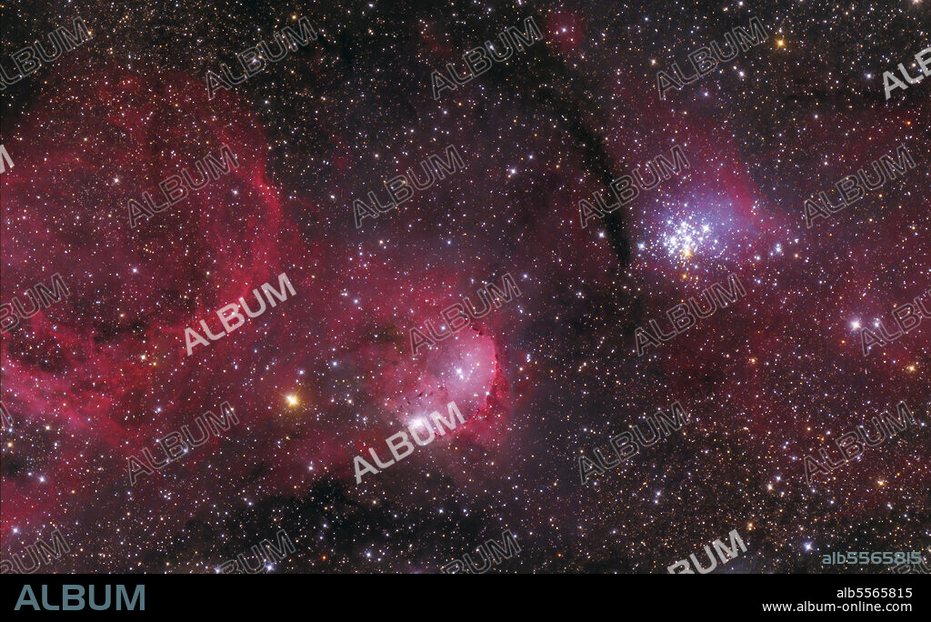 NGC 3324 and 3293 are sparkling star clusters at the northwest corner of the Carina Nebula. NGC3293 is a small but very bright open cluster, called the Gem Cluster. It consists of more than 50 stars, the brightest is a red giant. NGC 3324 is also called the Gabriela Mistral nebula, because of its resemblance to the Nobel Prize winning Chilean poet. It has been carved out by intense UV radiation and stellar winds from several hot, young 06 stars in the brightest portion.