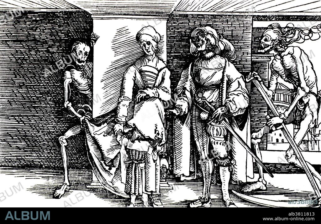 Woodcut entitled: "Dance of death taken from Von der Artzney bayder Gluck, des guten und wederwertigen, 1532." A man and a woman are standing next to each other, the woman appears to be pregnant, and a young child is looking under her apron; Death has entered from the right carrying a scythe, and on the left, Death is holding the woman's dress. Dance of Death, also called Danse Macabre (French), Danza Macabra (Italian), Dansul Mortii (Romanian), Danza de la Muerte (Spanish), Dansa de la Mort (Catalan), Danca Macabra (Portuguese language), Totentanz (German), Dodendans (Dutch), Surmatants (Estonian), is an artistic genre of late medieval allegory on the universality of death: no matter one's station in life, the Dance of Death unites all.
