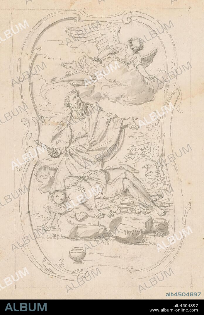 The sacrifice of Isaac (in box with 43 drawings), when Abraham raised his hand to kill Isaac, God or the hand of God restrains Abraham's hand, Louis Fabritius Dubourg, 1756, paper, ink, pencil, brush, h 200 mm Ã— w 157 mm.