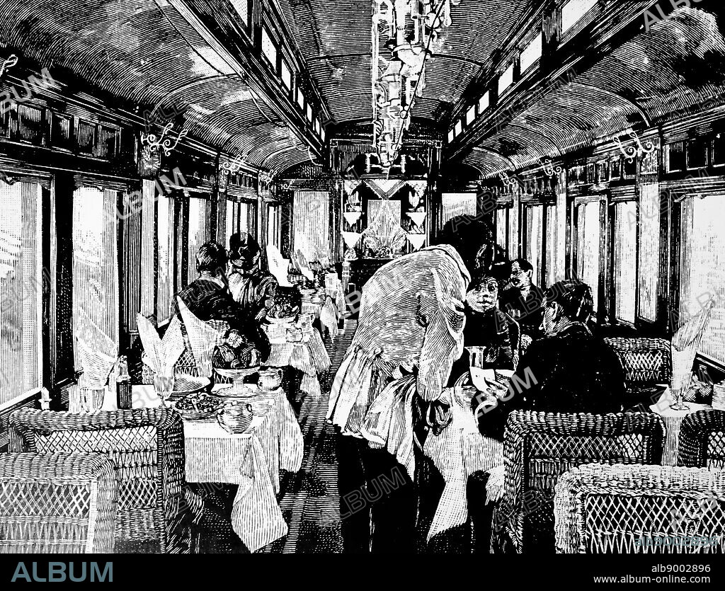 Engraving depicting a dining car on the Chicago, Burlington & Quincy Railroad. Dated 19th century.