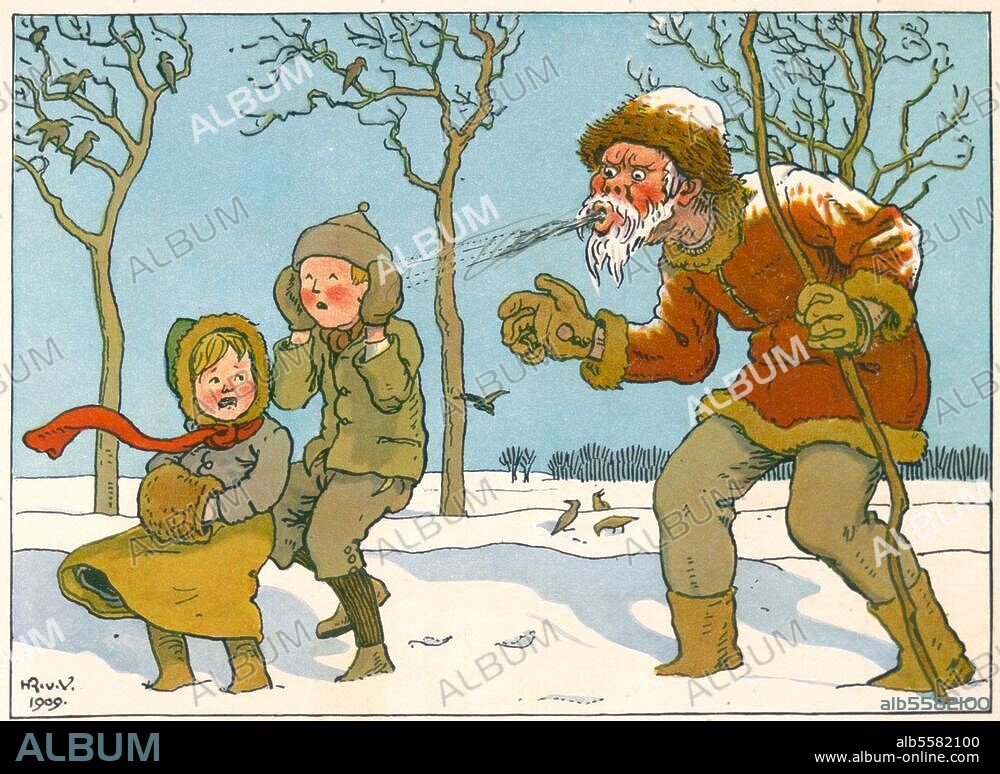 Jahr und Kalender / Monate:. "Januar". Farbdruck nach Zeichnung, 1909, von Hans Richard von Volkmann (1860-1927).. Aus: Mit Sang und Klang das Jahr entlang! Neue Kinderlieder von Carl Ferdinands. 2. Aufl., Leipzig (Alfred Hahn) o. J. (um 1910), S. 3. Berlin, Sammlung Archiv für Kunst und Geschichte.