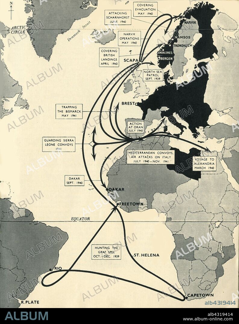 Map showing the movements of 'HMS Ark Royal', 1939-1941, (1942). Map of the Atlantic Ocean, western Europe and Africa, indicating journeys and principal engagements of the British Royal Navy aircraft carrier 'Ark Royal' during the Second World War: Hunting of the 'Graf Spee', October-December 1939; Guarding Sierra Leone Convoys, 1941; Trapping the 'Bismarck', May 1941; Covering British Landings, April 1940; Attacking 'Scharnhorst', June 1940; Covering Evacuation, May 1940; Narvik Operations, May 1940; North Sea Patrol, September 1939; Action at Oran, July 1940; Mediterranean Convoys, Air Attacks on Italy, July 1940-November 1941; Voyage to Alexandria, March 1940. A German submarine torpedoed her on 13 November 1941 and she sank the following day. Only one of her 1,488 crew members was killed. From "Ark Royal". [His Majesty's Stationery Office, London, 1942].