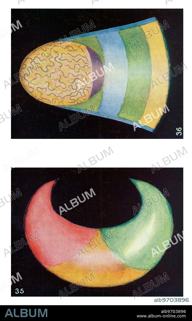 THEOSOPHY - THOUGHT-FORMS - ASTRAL PLANE. Thought forms, seen by trained clairvoyants, on the astral plane. The top form is descriptive of those seen in art galleries, when a person is communing appreciatively with a work of art - in this case, the work is of a religious subject. The bottom form is representative of the type seen on the astral plane when two friends meet. The two arms are, so to speak, reaching out from one person sin the direction of his or her friend. The rose colour indicates the affection felt, the green shows the depth of sympathy between the two, and the yellow shows the intellectual pleasure at their meeting. Paintings of thought-forms were originated by a group of Theosophists, towards the end of the nineteenth century. The paintings were done, following the occult observations of such 'thoughts' or 'visions' on the astral plane, by Charles Leadbeater (Besant claimed such an astral vision, but it is unlikely that this was genuine), by John Varley (a descendant of the John Varley who taught William Blake astrology), Mr. Prince and Miss Macfarlane, all three of whom painted 'in earth's dull colours the forms clothed in the living light of other worlds'. The paintings were reproduced, and discussed, in Annie Besant and C.W. Leadbeater, Thought-Forms, 1901 edn, from which these plates are photographed.