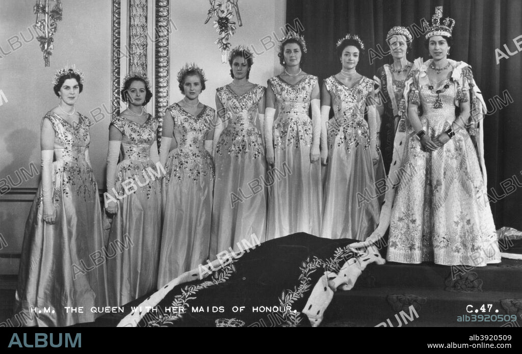 HM Queen Elizabeth II with her maids of honour, Green Drawing Room, Buckingham palace, 2nd June 1953. In selecting six Maids of Honour instead of pages to bear her velvet train throughout the Coronation ceremony, the Queen followed the precedent of Queen Victoria. Lady Moyra Hamilton (now Lady Moyra Campbell), Lady Anne Coke (now The Rt Hon The Lady Glenconner), Lady Rosemary Spencer-Churchill (now Lady Rosemary Muir), Lady Mary Baillie-Hamilton (now Lady Mary Russell), Lady Jane Heathcote-Drummond-Willoughby (now The Rt Hon The Baroness Willoughby de Eresby), Lady Jane Vane-Tempest-Stewart (now The Rt Hon The Lady Rayne).
