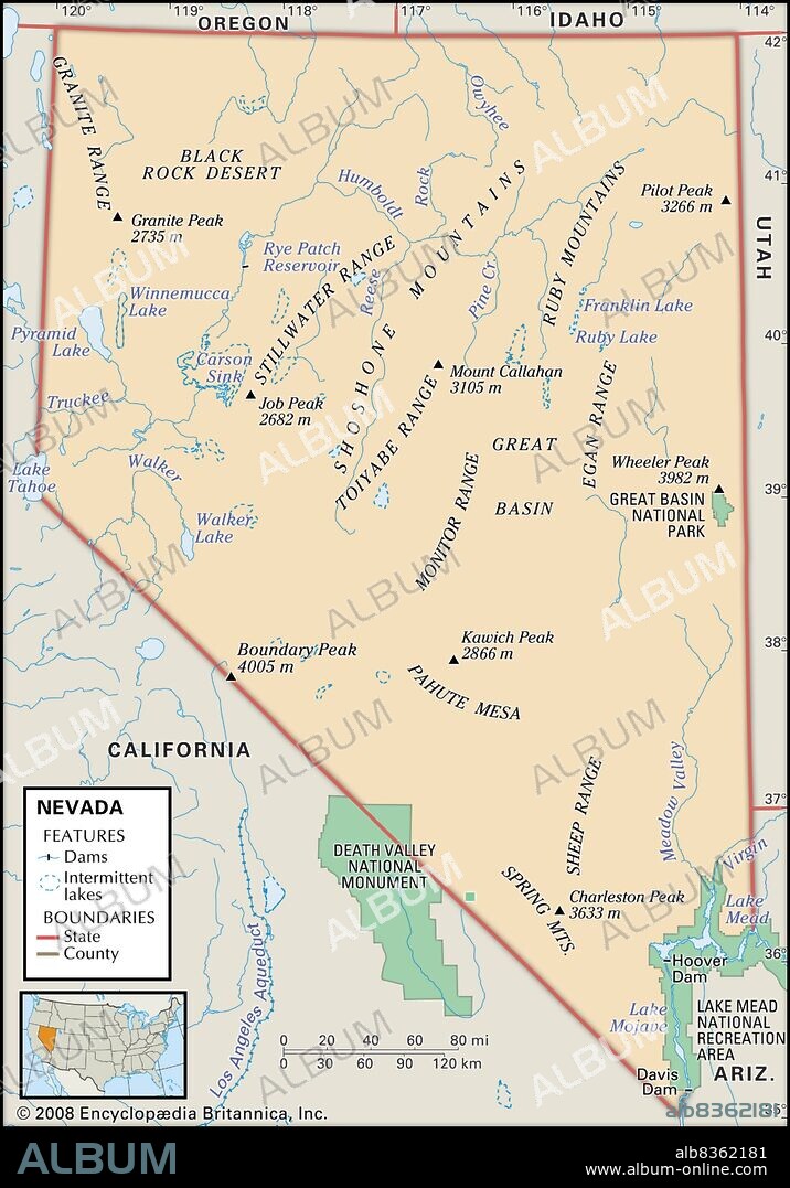 Physical map of Nevada.