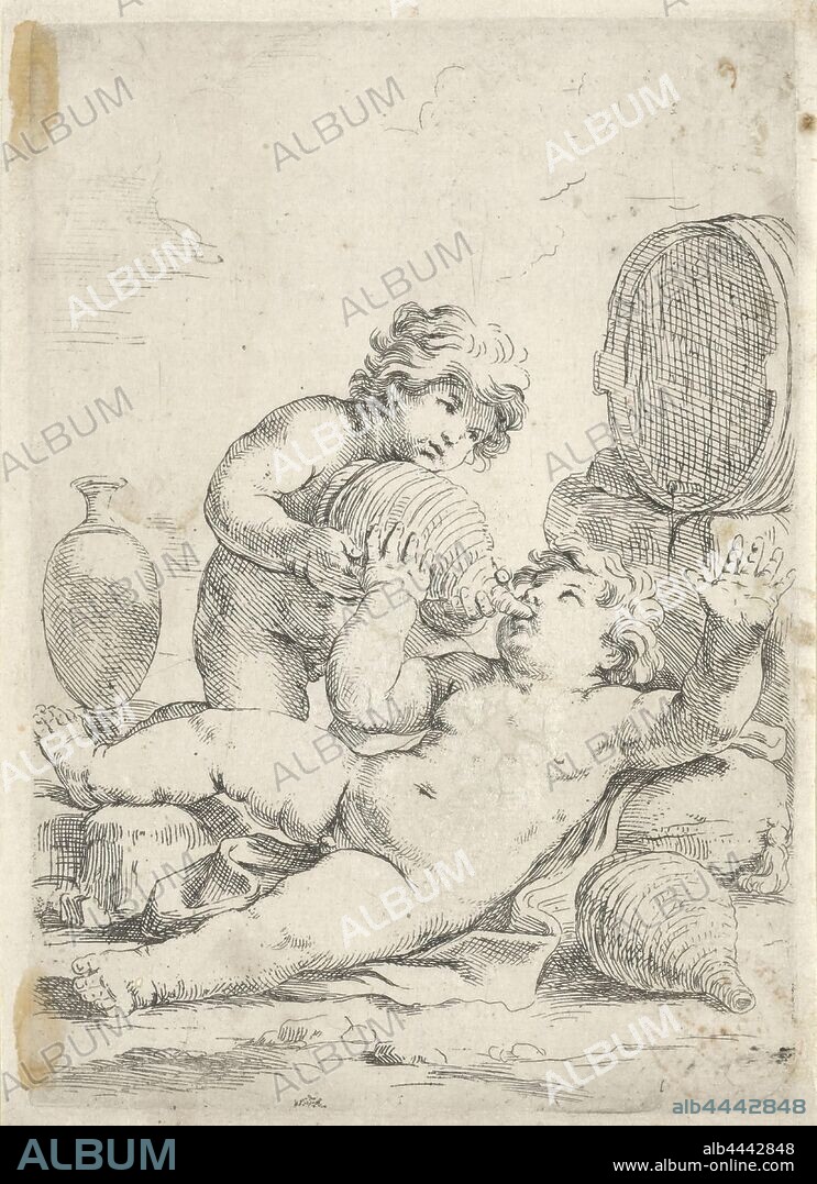 Children's bacchanal, Two naked children between wine barrels and jugs. One child pours wine into the mouth of the other, children's bacchanal, Lorenzo Loli, Italy, 1622 - 1691, paper, etching, h 180 mm × w 126 mm.