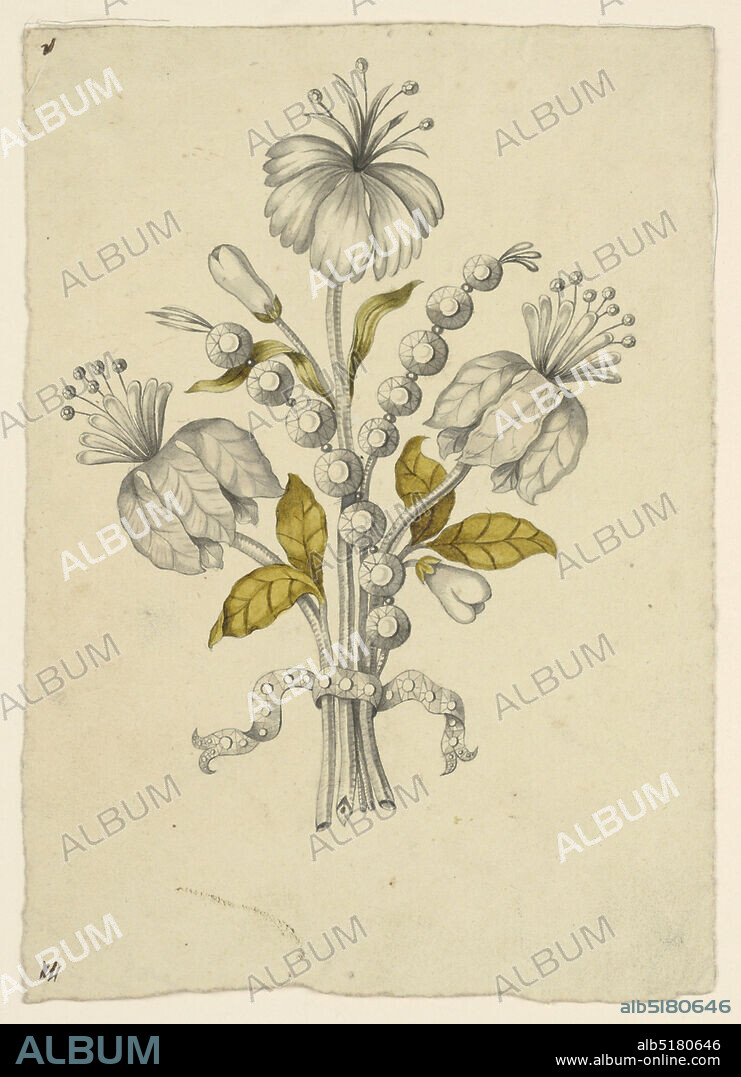 Design for a Corsage, Pen and ink, brush and brown, green, gray watercolor on wove paper, Jewelry design for a corsage brooch intended to be executed with diamonds and enamel. Five stems, ending in three blossoming and two budding flowers with green-brown leaves, tied with a diamond-studded ribbon. A Y-shaped group of jeweled buttons., Italy, mid- 19th century, jewelry, Drawing, Drawing.