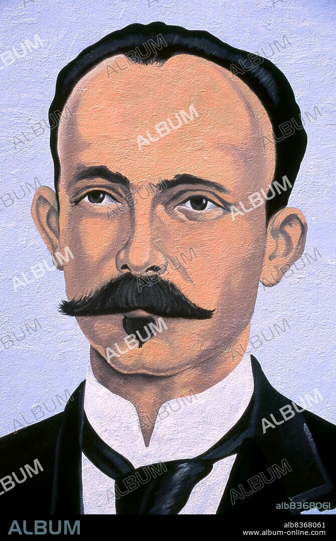 Cuba: A wall painting of José Martí (1853 - 1895), poet, philosopher, essayist, journalist, translator, professor, publisher, and often seen as the father of the Cuban nation, Baracoa, Guantanamo Province.<br/><br/>. José Martí (1853 - 1895) is regarded as the greatest of all Cuban national heroes. He was politically active from an early age and went into exile in the United States where after some initial exuberance at the relative personal freedom he learned to recognise 'the entrails of the monster he was living in'. He returned to Cuba in 1895, but was killed without firing a single shot during his first skirmish with the Spanish occupiers. Nevertheless today there is a bust of Marti, the sincere man from the land of the palm tree, in every town, village and hamlet in Cuba.