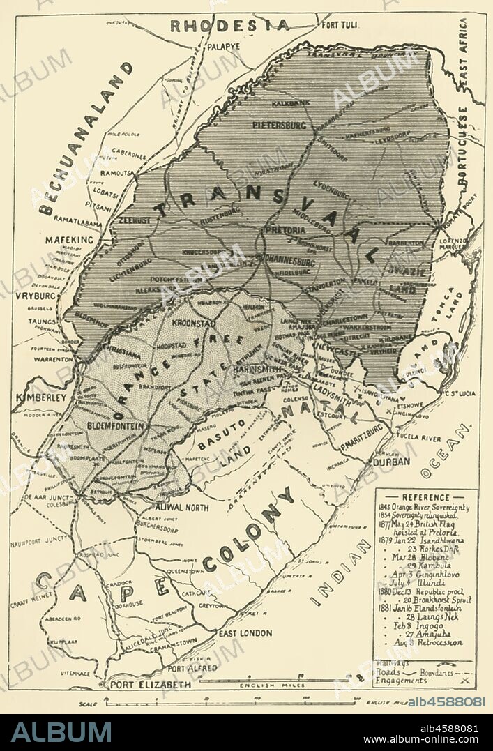 'Map of the Boer Republics', 1900. From "South Africa and the Transvaal War, Vol. I", by Louis Creswicke. [T. C. & E. C. Jack, Edinburgh, 1900].
