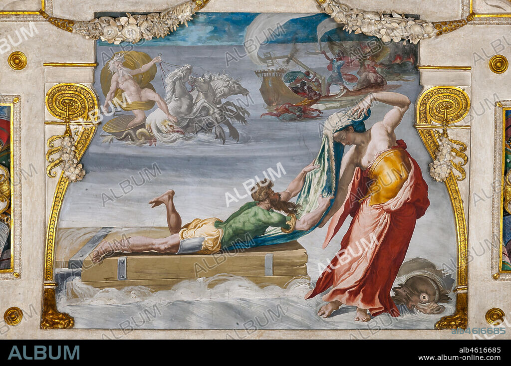 Bologna Palazzo Poggi, Room of Ulysses: vault with episodes of the Odyssey. Detail of Ino (Leucothea), offering the veil to the shipwrecked Ulysses.. Frescoes by Pellegrino Tibaldi, 1550 - 1551.
