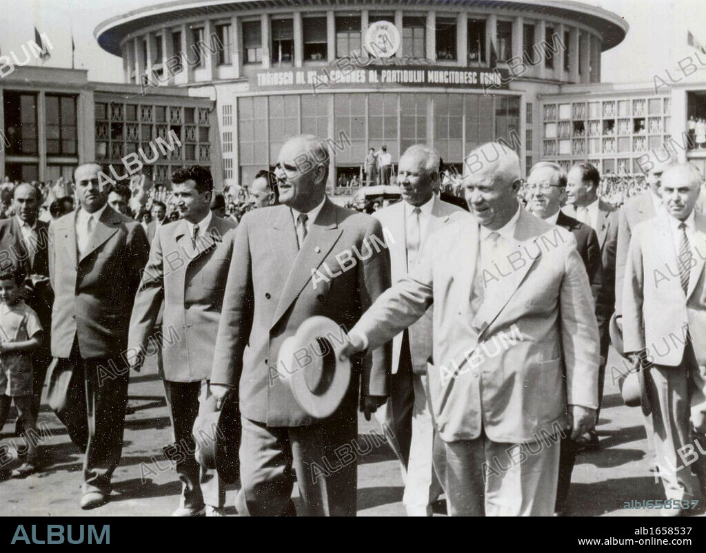 Romanian communist leader Gheorghe Gheorghiu-Dej (front row, left) seeing off Soviet leader Nikita Khrushchev (front row, right) upon the close of the Romanian Communist Party's 7th Congress 1959 at Bucharest's Baneasa Airport. The image also shows Gheorghiu-Dej's successor, Nicolae Ceausescu (second row, to Gheorghiu-Dej's left).