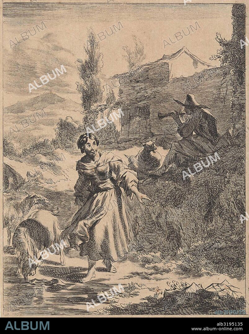 In a hilly landscape is a shepherd playing the flute while a shepherdess lets her goats drink from a pond, in the background a house, print maker: Jan de Visscher, Dating 1643 - 1692.