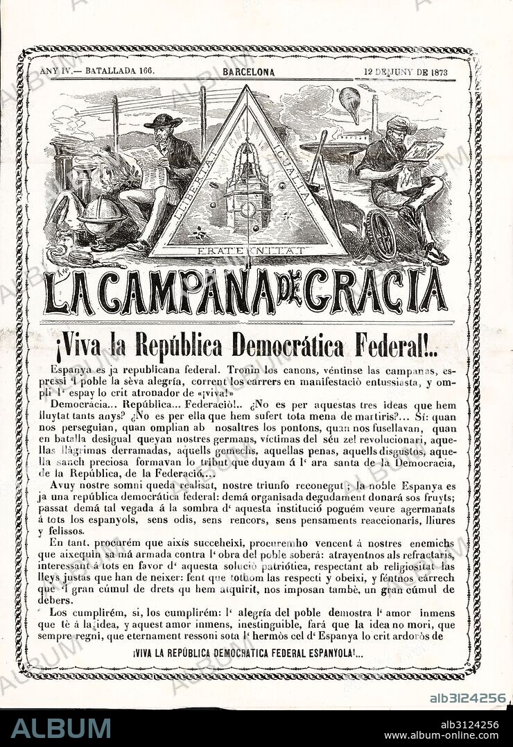 Portada del semanario "La Campana de Gracia", editado en Barcelona 12 junio 1873 celebrando la proclamación de la primera república española.