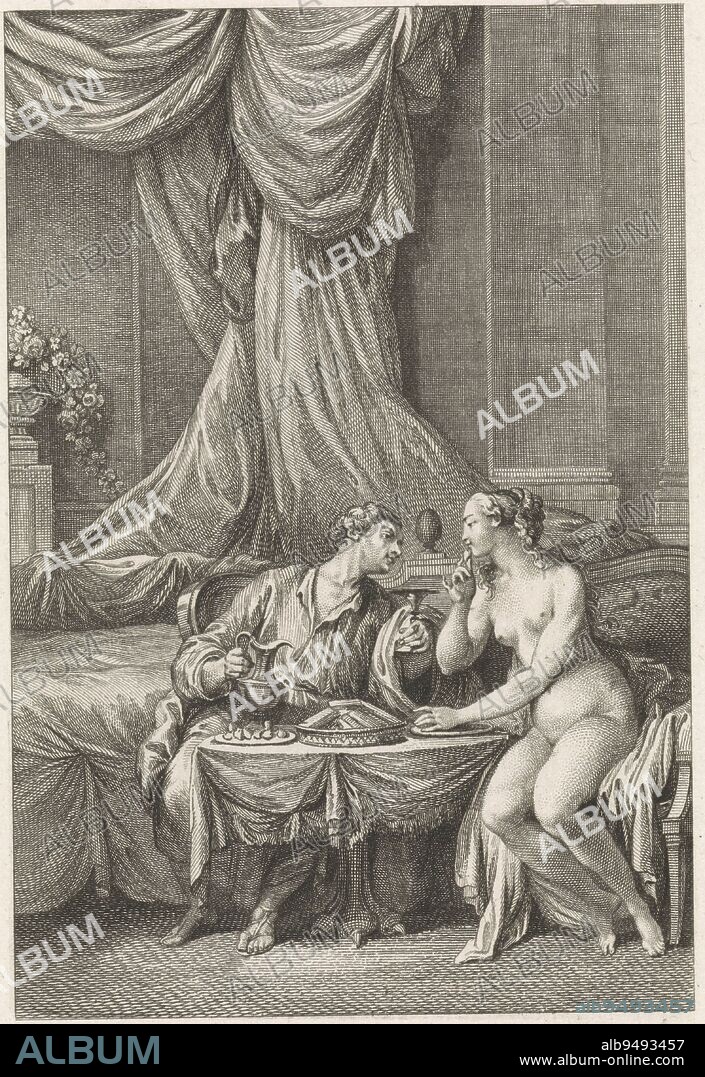 Pygmalion and Galatea his statue made alive at a dinner table Pygmalion pours his beloved wine while she enjoys some delicacies The print is part of a series on the story of Pygmalion, Pygmalion and Galatea at the dinner table Pigmalion on object, print maker: Emmanuel Jean Nepomucene de Ghendt, Charles Joseph Dominique Eisen, publisher: Thomas-Charles Naudet, (mentioned on object), Paris, 1748 - 1815, paper, etching, engraving, w 152 mm × h 230 mm.