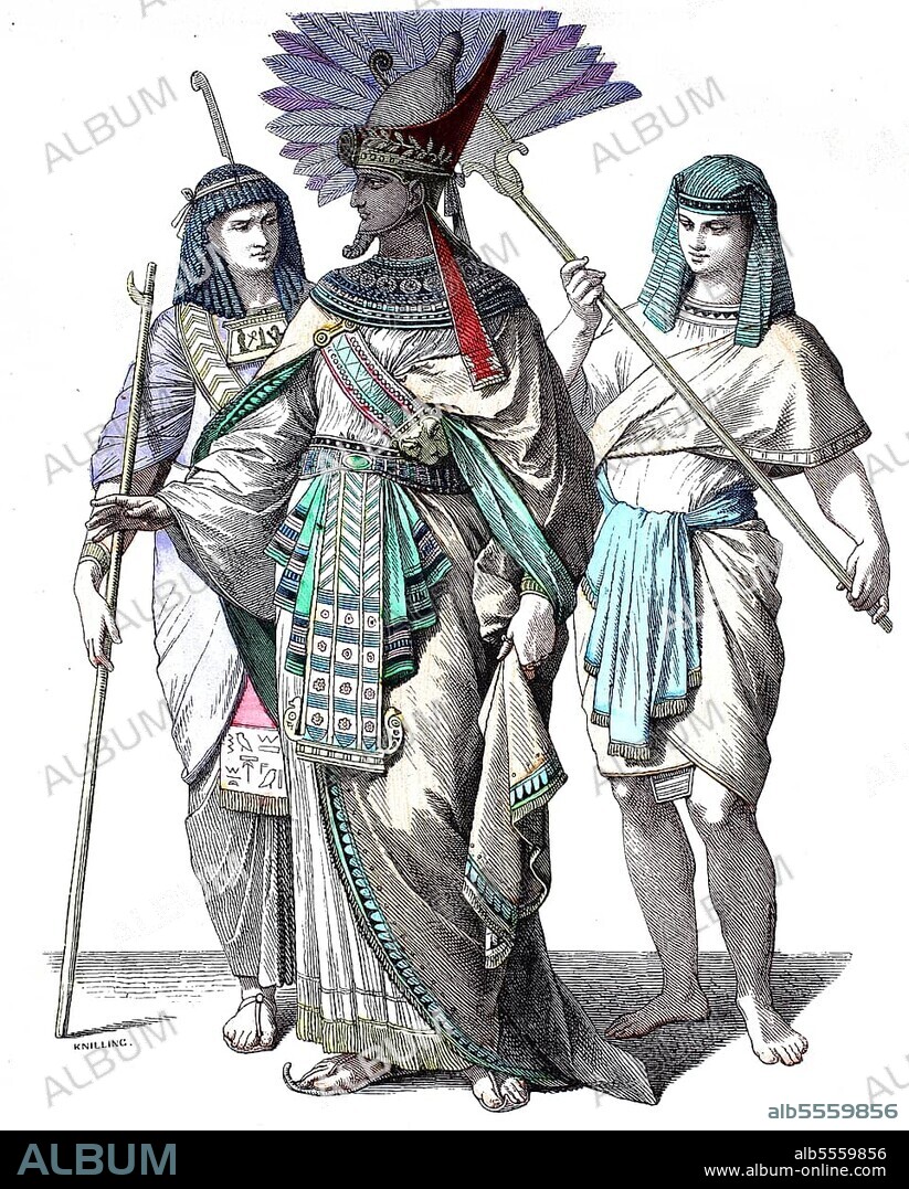 Popular traditional costume, clothing, history of costumes, Egyptian court official, Egyptian king and fan bearer from the pre-Christian period, Historical, digitally restored reproduction of a 19th century original.