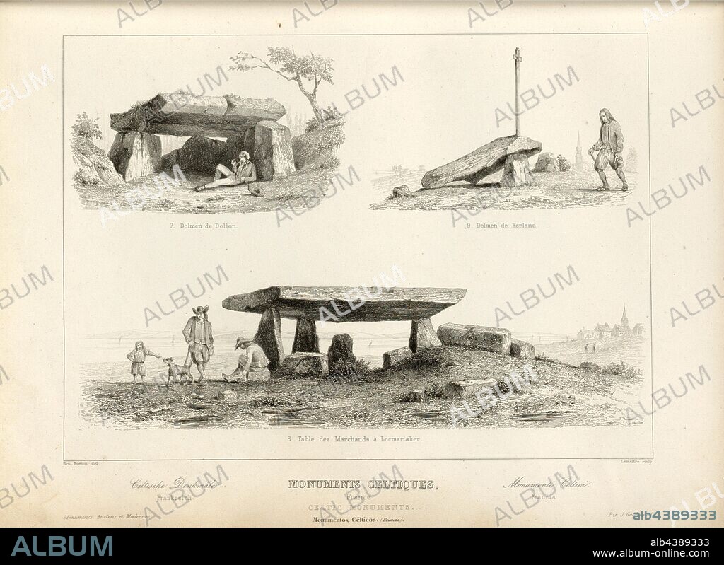 Celtic Monuments, France 2, Fig. 7: Dolmen in Dollon, Fig. 8: Table des Marchand in Locmariaquer, Fig. 9: Dolmen in Kerlouan, signed: Ern., Breton (del.), Lemaitre (sculp.), Fig. 2, p. 41, Breton, Ernest (del.), Lemaitre, Augustin François (sculp.), 1853, Jules Gailhabaud: Monuments anciens et modernes. Bd. 1. Paris: Librairie de Firmin Didot frères, 1853.