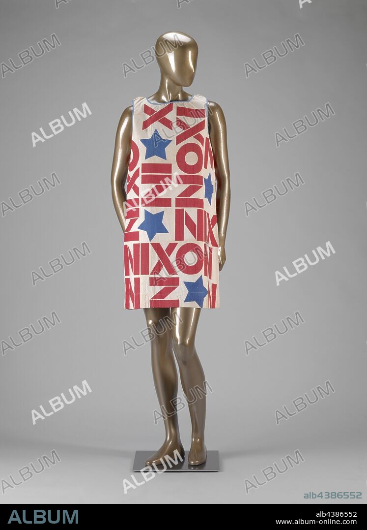 paper dress Nixon, Unknown, Designer, about 1968, paper screen printed, 36-3/8 x 21-1/4 in., Label: Waste Basket Boutique by Mars of Ashville, N.C., Textile and Fashion Arts.