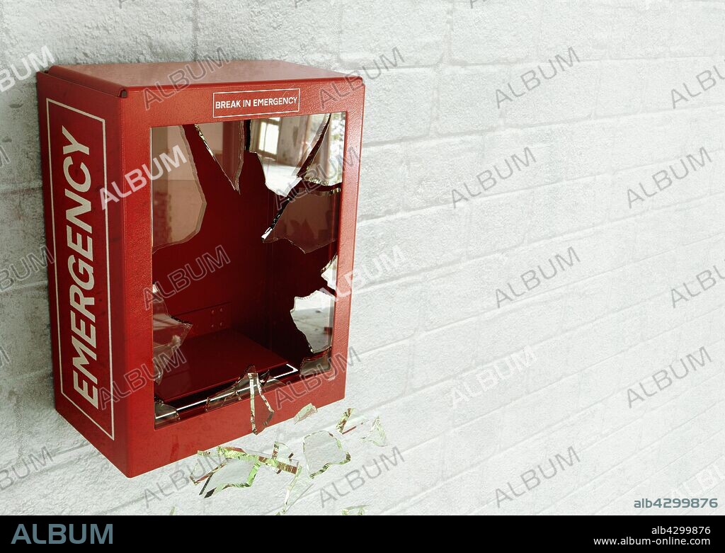 Empty red emergency box with broken glass.