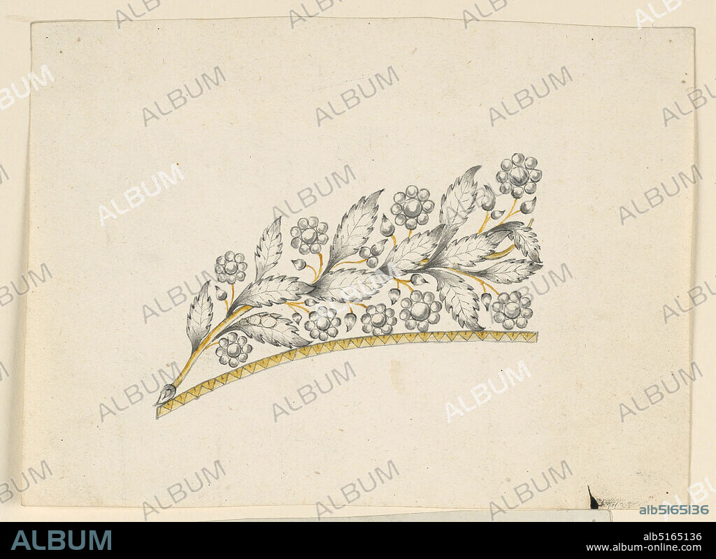 Deisgn for a Diadem, Pen and ink, brush and yellow, gray, light brown watercolor, graphite on paper, Design for a diadem showing the left half of the crown or tiara. A branch with curved leaves, and stems with buds and blossoms. On the first lower leaf at left an unnaturalistic shape with rows of diamonds is alternatively suggested., probably Naples, South Italy, Italy, 182550, jewelry, Drawing, Drawing.