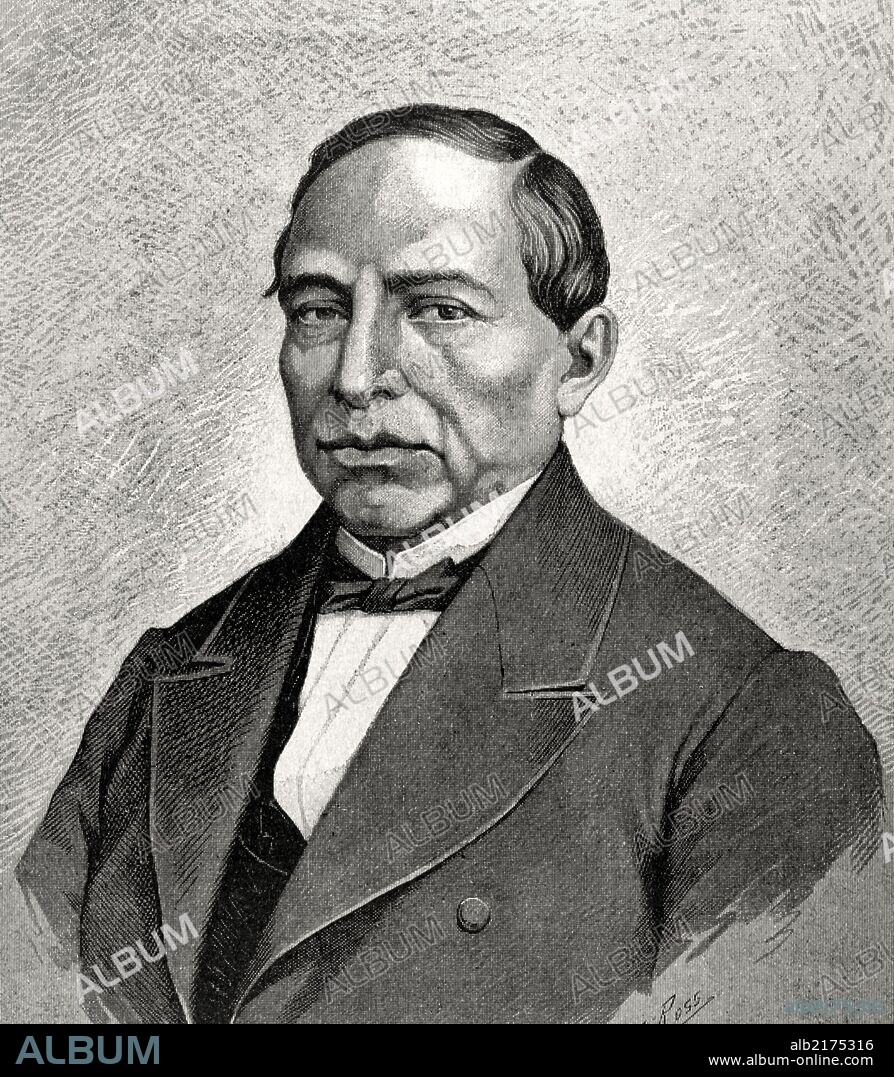 Benito Pablo Juárez García (1806-1872). Abogado y político mexicano, de origen indígena zapoteca, Presidente de México en varias ocasiones del 18 de diciembre de 1857 al 18 de julio de 1872. Grabado por P. Ross. "La Ilustración Ibérica", año 1885.